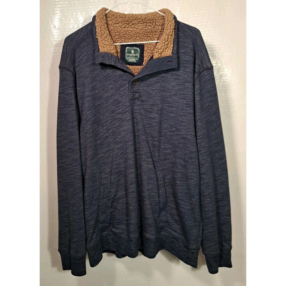 GH Bass & Co 1/4 Button Blue Henley Pullover Men's Size XX-Large Faux Fur Trim